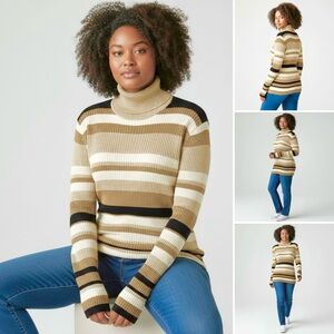 Joseph A Gold Metallic Turtle Neck Striped Sweater Glitter Sparkly Long Sleeve
